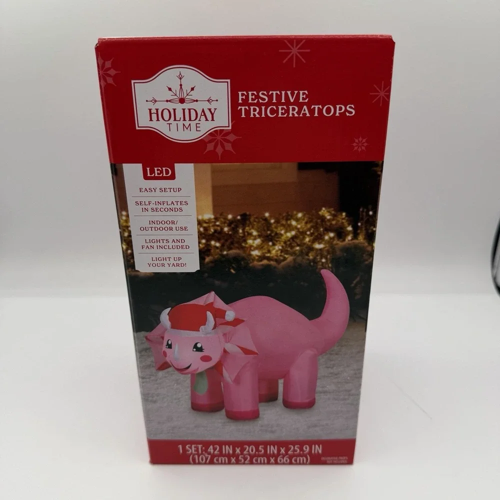 Holiday Time Inflatable LED Festive Pink Triceratops 42″ Yard Decor Airblown NIB